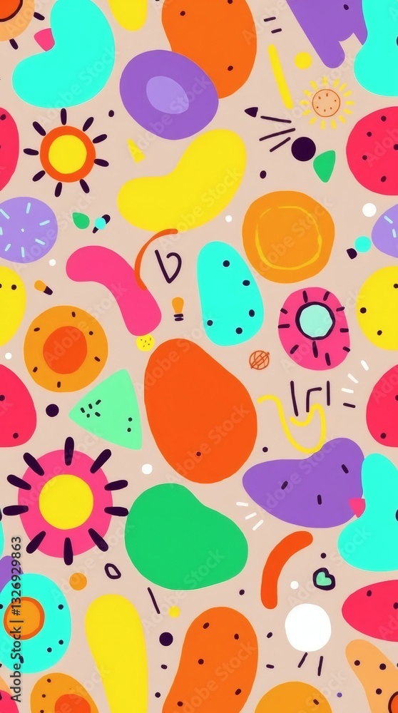 Poster colorful abstract shapes creating a vibrant and playful pattern. The design includes various geometric forms, creating a sense of fun and creativity
