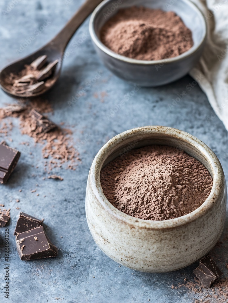 Poster Artisan Cocoa Powder in a Rustic Bowl Surrounded by Chocolate Bars on Textured Surface : Generative AI