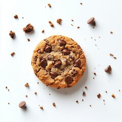 Delicious chocolate chip cookie on white surface with scattered chocolate pieces