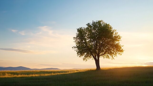 Single tree standing in a golden field at sunset with soft light creating a serene atmosphere : Generative AI