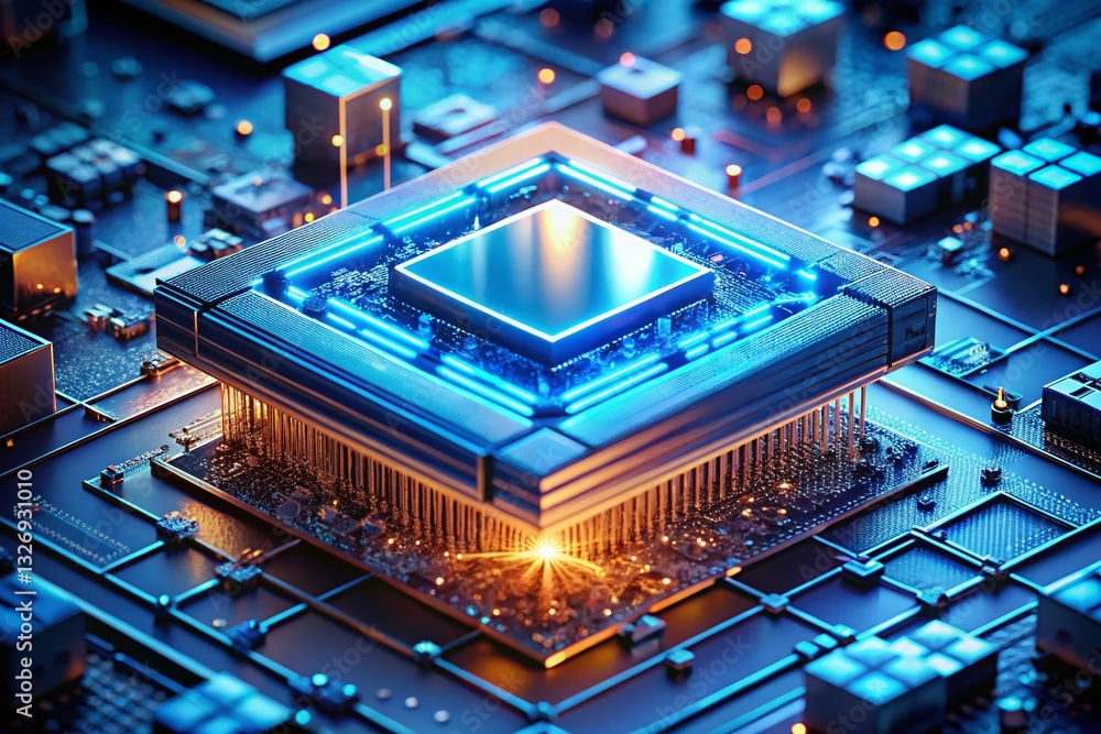 Poster futuristic ai processor: abstract machine learning technology background with tilt-shift effect