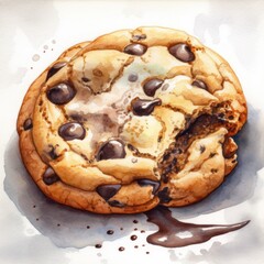 Watercolor Illustration of a Chocolate Chip Cookie on White Background with Warm Rich Colors