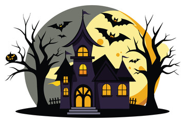 Halloween background with haunted castle in the full moon