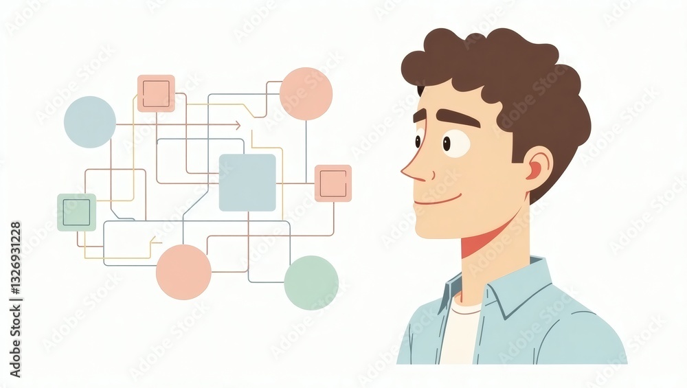 Poster a man staring at a complex network of connections. the illustration suggests analysis, innovation, a
