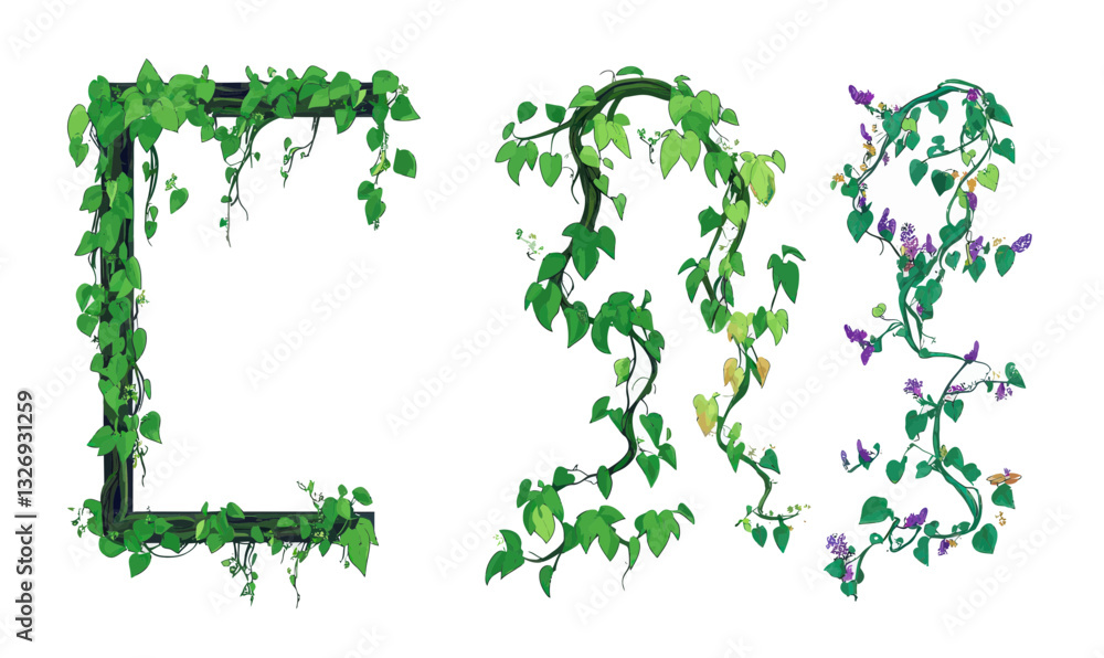 Poster jungle themed ui design elements with liana vines and ivy leaves in flat minimalist vector