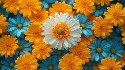 White daisy amongst orange and blue flowers, spring background, nature design