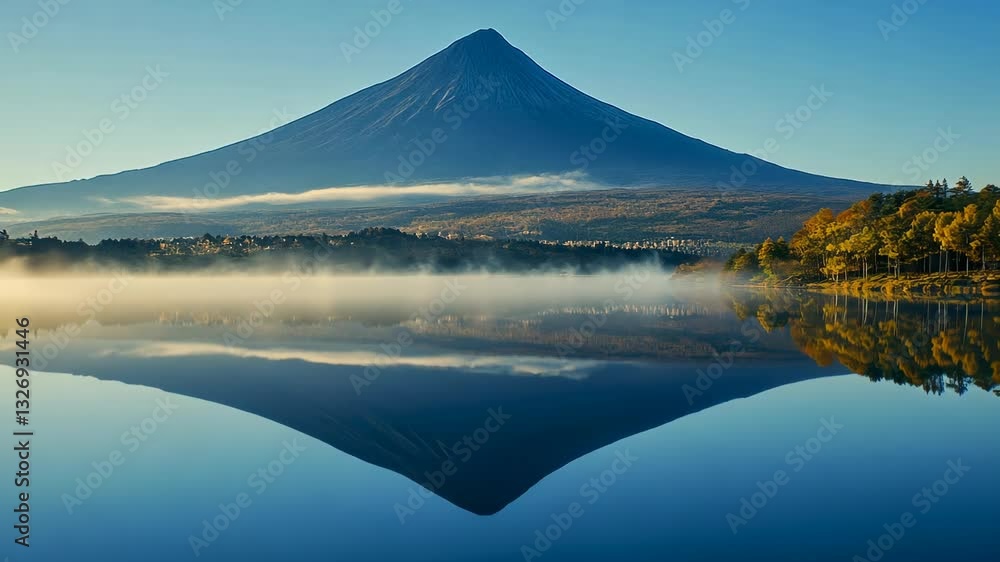 Poster stunning reflection of mount fuji at dawn with serene lake and misty surroundings creating a tranqui