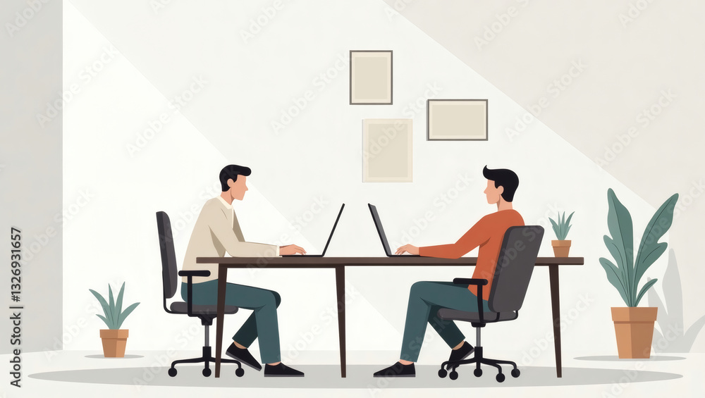 Poster two professionals are sitting across a table, focused on their laptops in a modern office environmen