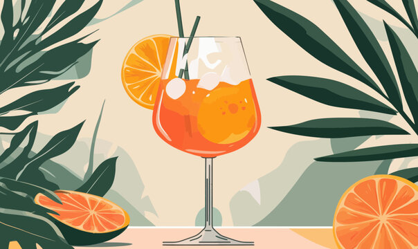 Vibrant Aperol Spritz Summer Cocktail with Orange Slice in Minimalist Vector Art