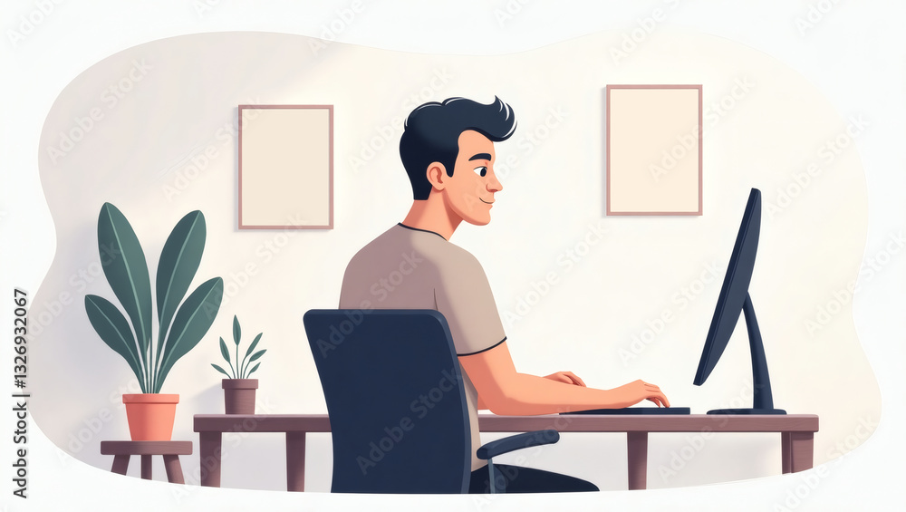 Poster a man working on a computer in a cozy home office, a plant is in the left side of the table. The man is typing on the keyboard, and a monitor is in front of him