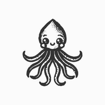 Cute squid cartoon clipart, animal in flat style. Sea animals. Squid animal cartoon character Sketch vintage vector illustration