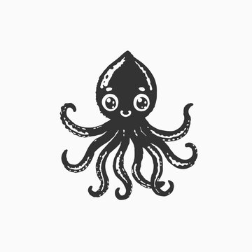 Cute squid cartoon clipart, animal in flat style. Sea animals. Squid animal cartoon character Sketch vintage vector illustration