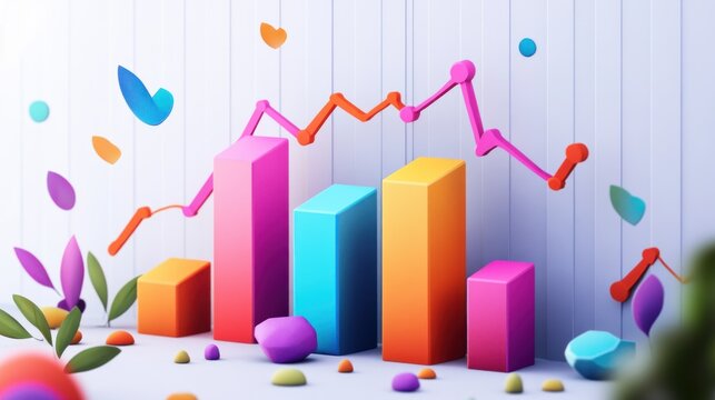 Colorful bar graph with increasing and decreasing trend, surrounded by pastel elements and leaves, on white wall, for business presentation
