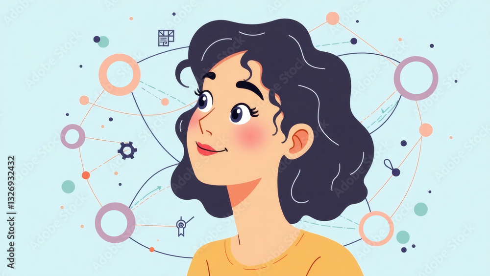Poster a thoughtful woman with a network concept in background illustration, looking up with a contemplativ