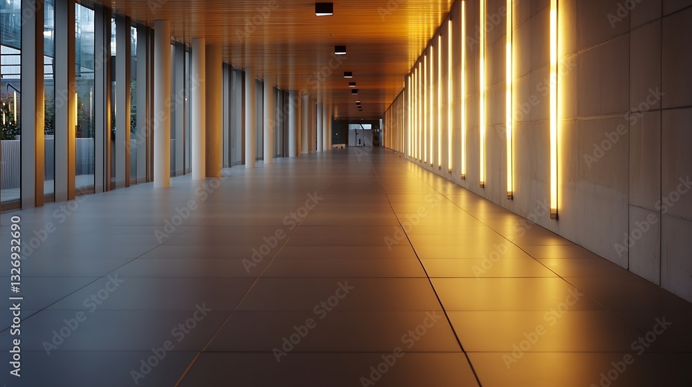 Poster Contemporary indoor corridor featuring sleek lines and glowing lights creating an inviting atmosphere : Generative AI