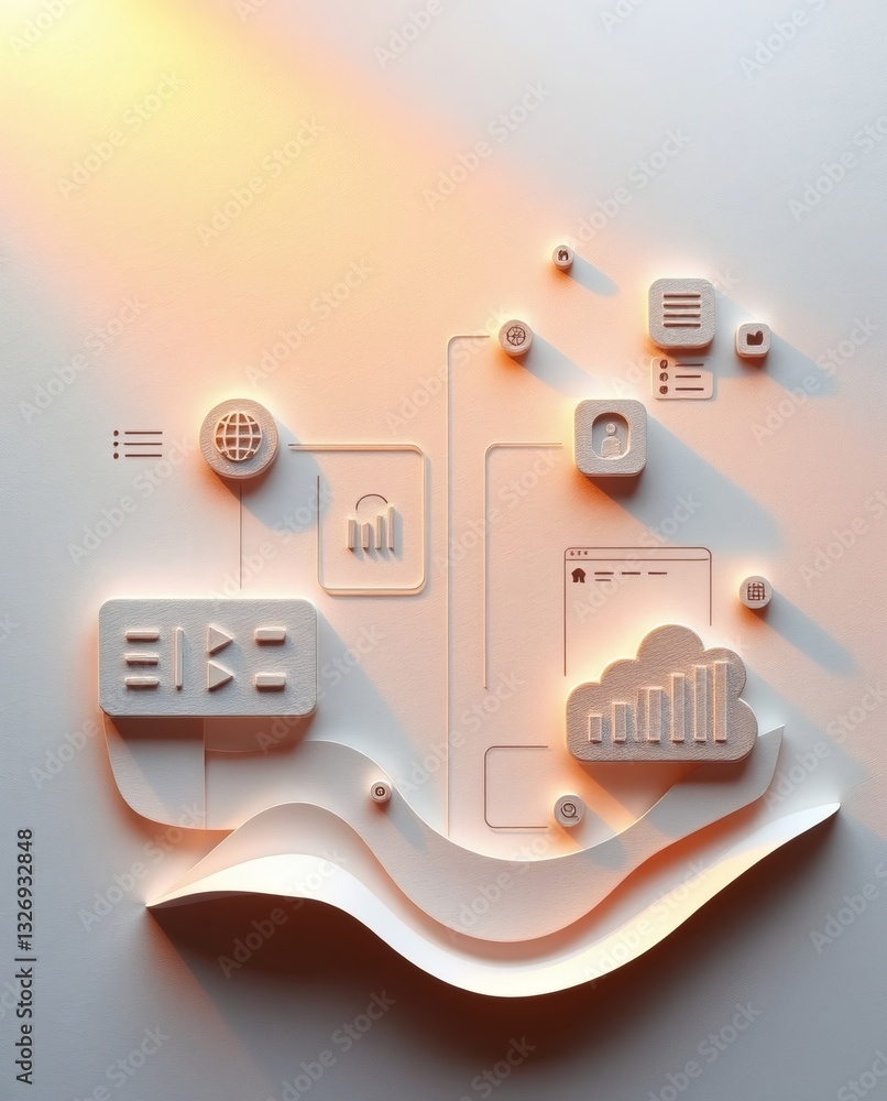 Poster a cloud computing illustration featuring interconnected elements, data visualization, and technologi