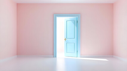A light, pastel-blue door, with classic paneling, is open on a pale pink wall.