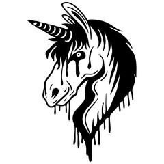 Creepy Unicorn Head with Melting Ink Effect, Black and White Vector Art