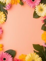Obraz premium Colorful floral border with pink and yellow gerbera daisies on peach background.