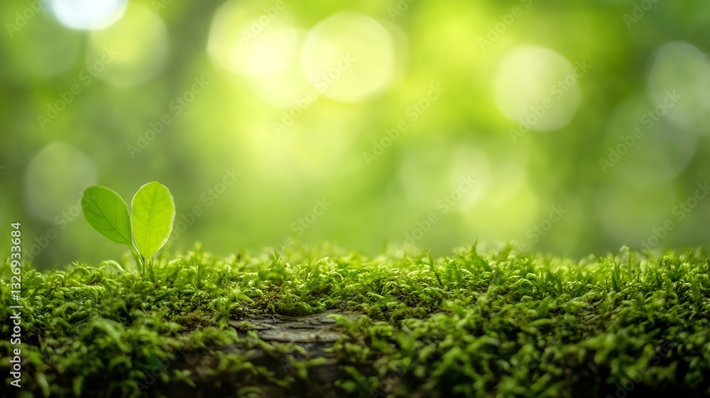Poster fresh green leaves emerging from moss on a forest floor bathed in soft natural light : generative ai