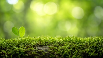 Fresh green leaves emerging from moss on a forest floor bathed in soft natural light : Generative AI