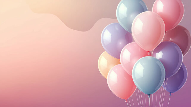 Pastel-colored balloons bunch on a soft pink background, leaving ample free space Ideal for festive celebrations or as a cheerful backdrop. Happy Birthday background