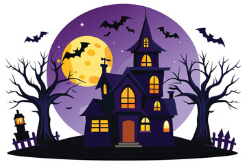 Halloween full moon night background, dark castle, pumpkins, tombstone, witch, and bats. Vector illustration.Vector