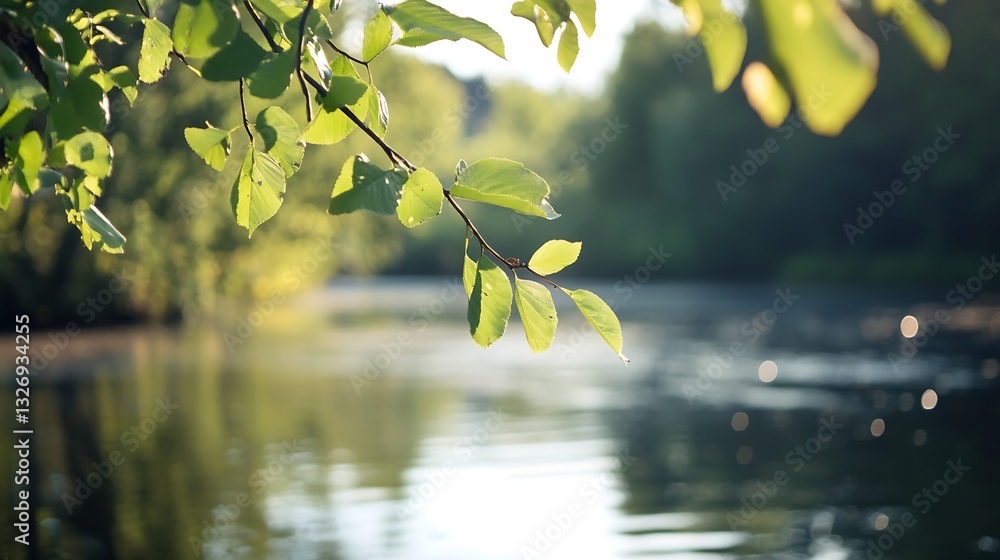 Poster lively green leaves robbed with dew drops above calm river surface in a tranquil natural setting : g