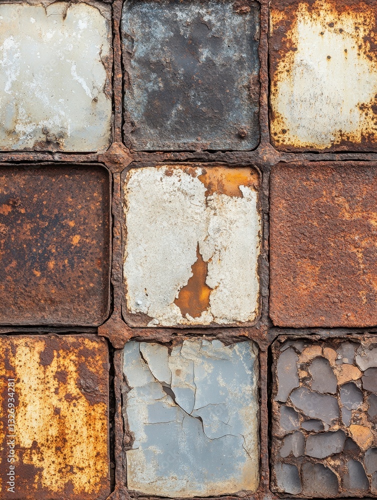 Poster captivating close up of nine weathered metal tiles displaying varied textures of rust and peeling pa