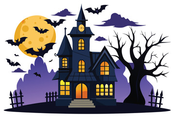 Halloween full moon night background, dark castle, pumpkins, tombstone, witch, and bats. Vector illustration.Vector