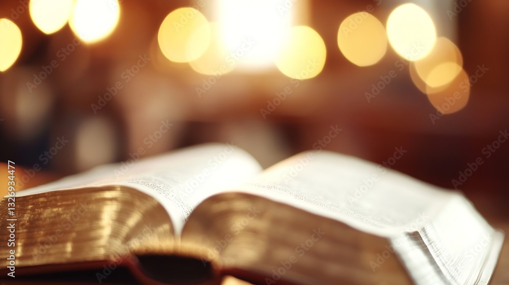 Poster Soft Focus on an Open Book with Glowing Bokeh Background Lights : Generative AI