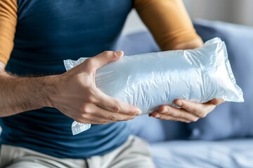 Packaging Hold: A person, holding a wrapped package, embodies the anticipation of unboxing, in the moment, showcasing product delivery and shipment.