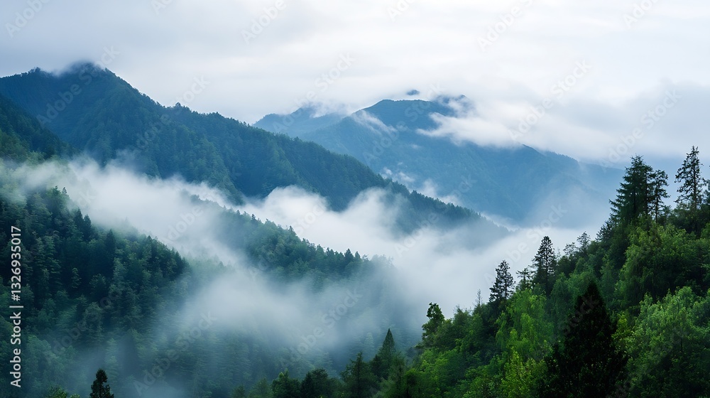 Poster breathtaking panoramic view of misty green mountains under a cloudy sky : generative ai