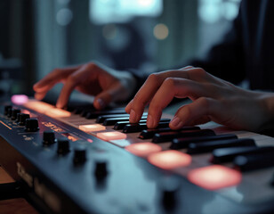 Creative musician playing an illuminated keyboard in a studio, showcasing passion for music