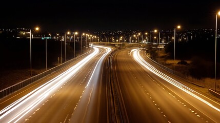 Stunning Night View of Busy Highway with Light Trails Captured in Long Exposure Artistry : Generative AI