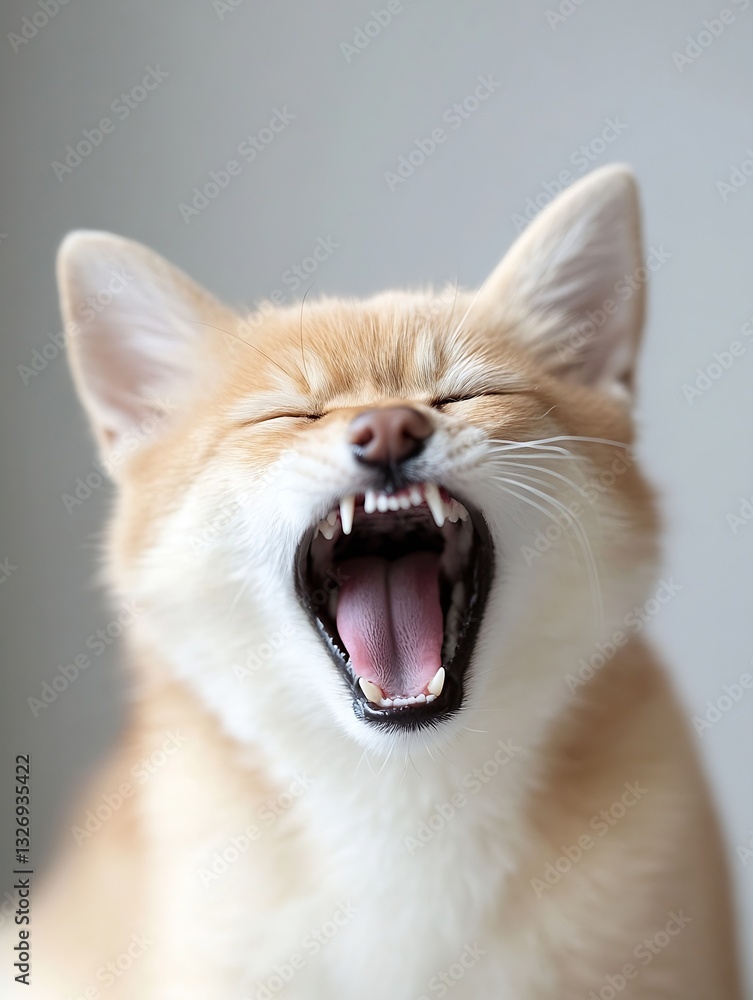 Poster cute foxlike creature yawning humorously displaying its teeth and playful personality in soft light 