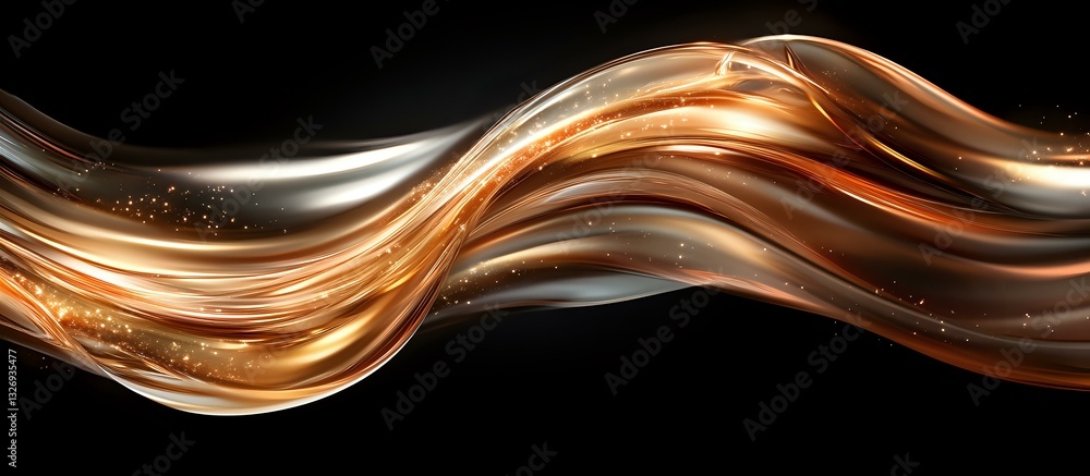 Poster flowing golden and silver waves with sparkling particles create dynamic motion effect against black 