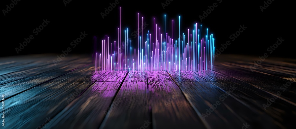 Aufkleber glowing neon pink and blue vertical bars on dark reflective surface create futuristic data visualiza