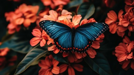 Obraz premium Blue butterfly rests on orange flowers