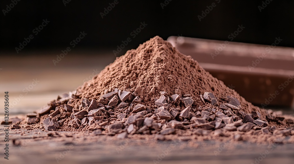 Leinwandbilder piled cocoa powder and chocolate chunks arranged on a wooden surface : generative ai