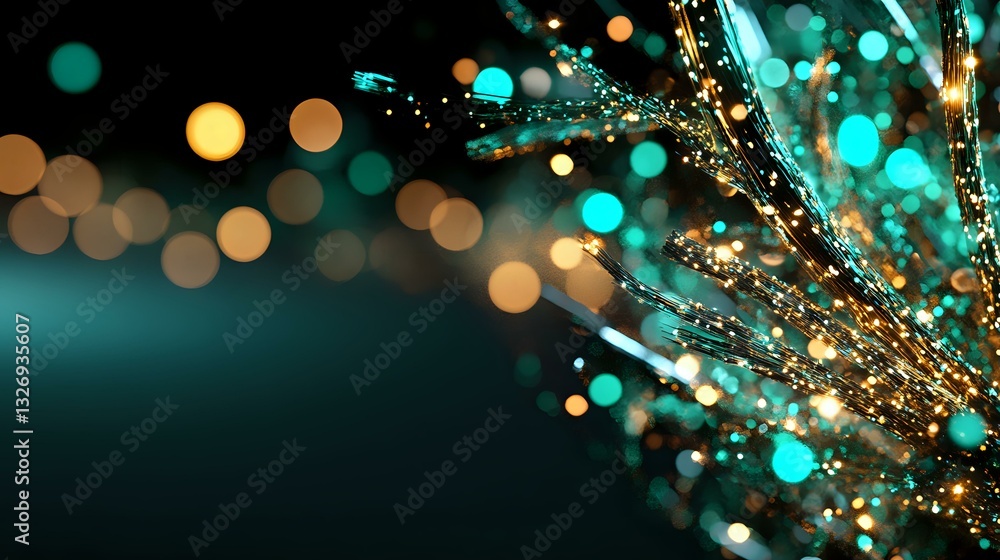 Poster magical turquoise and gold bokeh lights with glittering sparkles and shimmering particles create dre