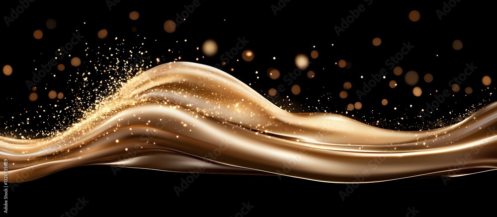 Poster luxurious golden waves flow with sparkling particles against black background, creating elegant moti