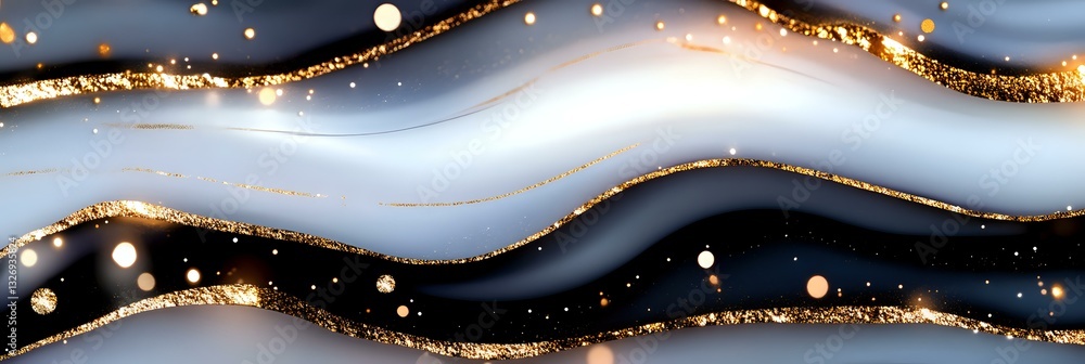 Poster luxurious navy and white marble waves with golden glitter lines and bokeh lights create elegant abst
