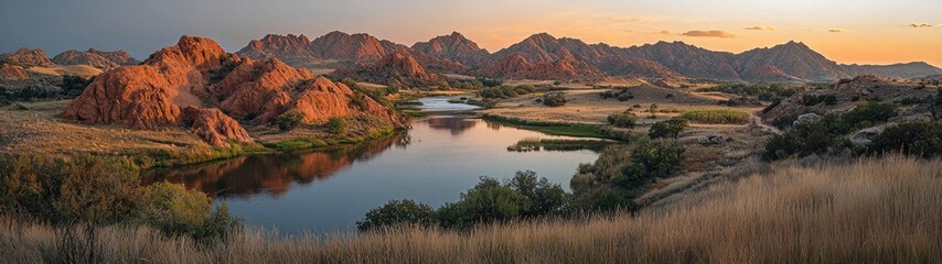 Naklejka premium Stunning sunset over rugged mountains and tranquil river in a serene natural landscape