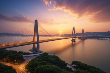 Fototapeta premium arafed view of a bridge over a body of water at sunset