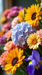 Close-up of hydrangeas, sunflowers, carnations, and irises at a florist, petals, market © Teepanun