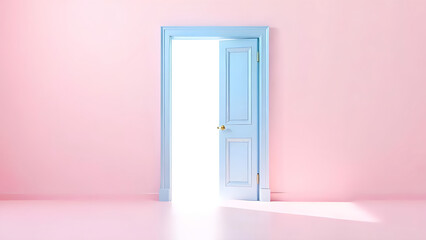A light, pastel-blue door, with classic paneling, is open on a pale pink wall.