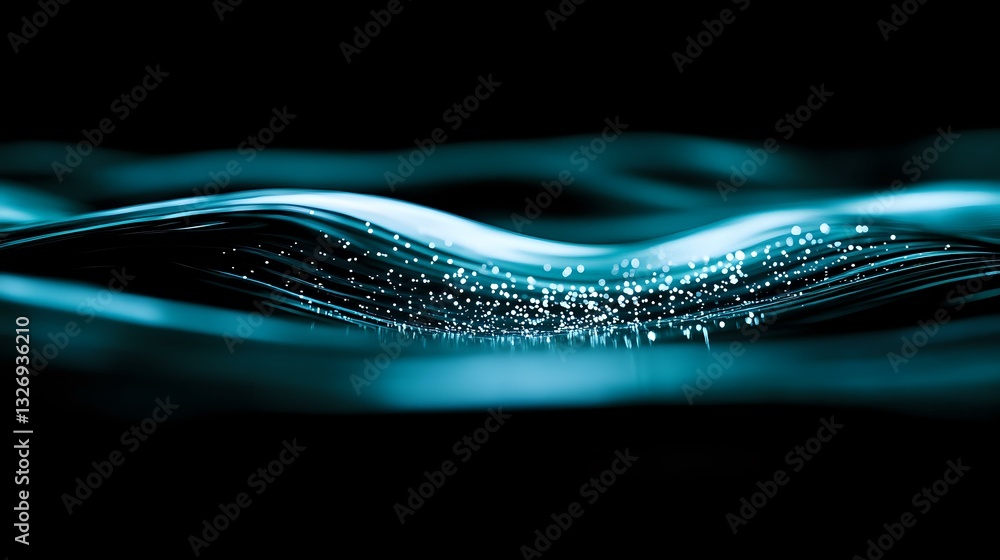 Poster glowing turquoise wave with sparkling particles flowing in dark space creates dynamic motion effect,