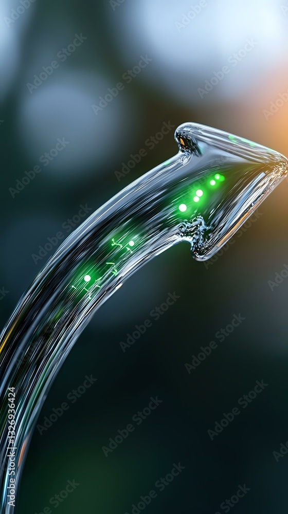 Aufkleber futuristic curved glass arrow with glowing green circuit elements and digital nodes on dark backgrou