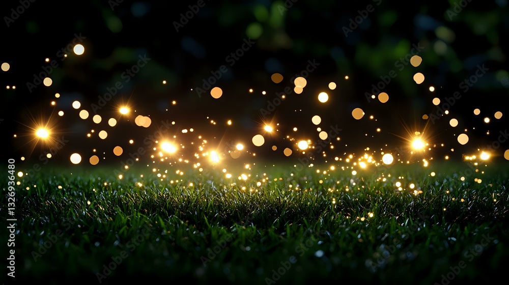 Poster magical glowing orbs of light floating over dark grass at night create enchanting bokeh effect, natu